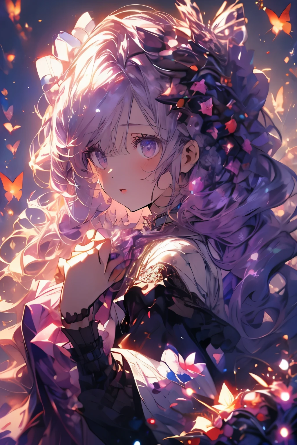 (Mastepiece)、(Best Quality)、Highly detailed face、Anime Girl、1 girl、ta Clothing、Fluffy long hair、Purple Hair