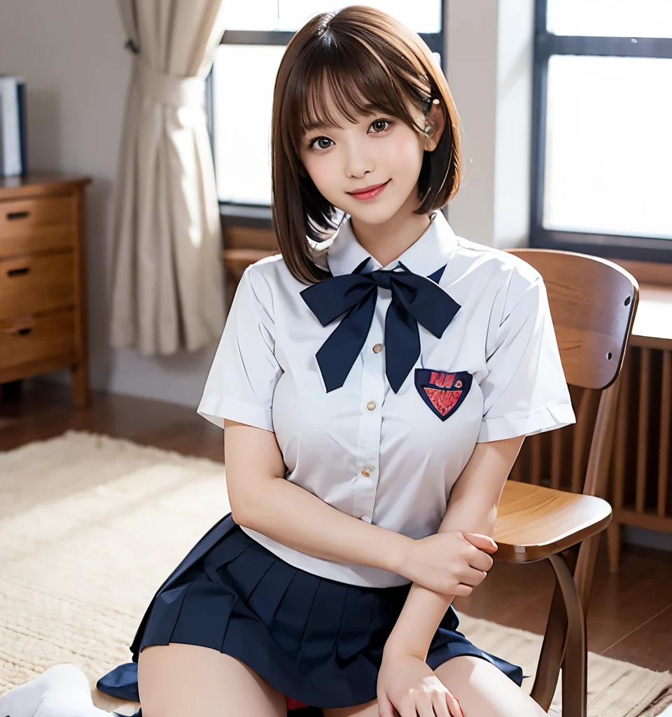 Highest quality、、masterpiece、Ultra-high resolution、Clear photos、(とてもcute 女の子、beautiful girl、 cute!、Berry Short Cut、Brown Hair)、 thin、smile、School classroom、Wear a uniform、Sit on a chair、(with legs wide open,、M-shaped feet)、(Please lift your skirt、Show off her white panties:1.2)、Full body photo