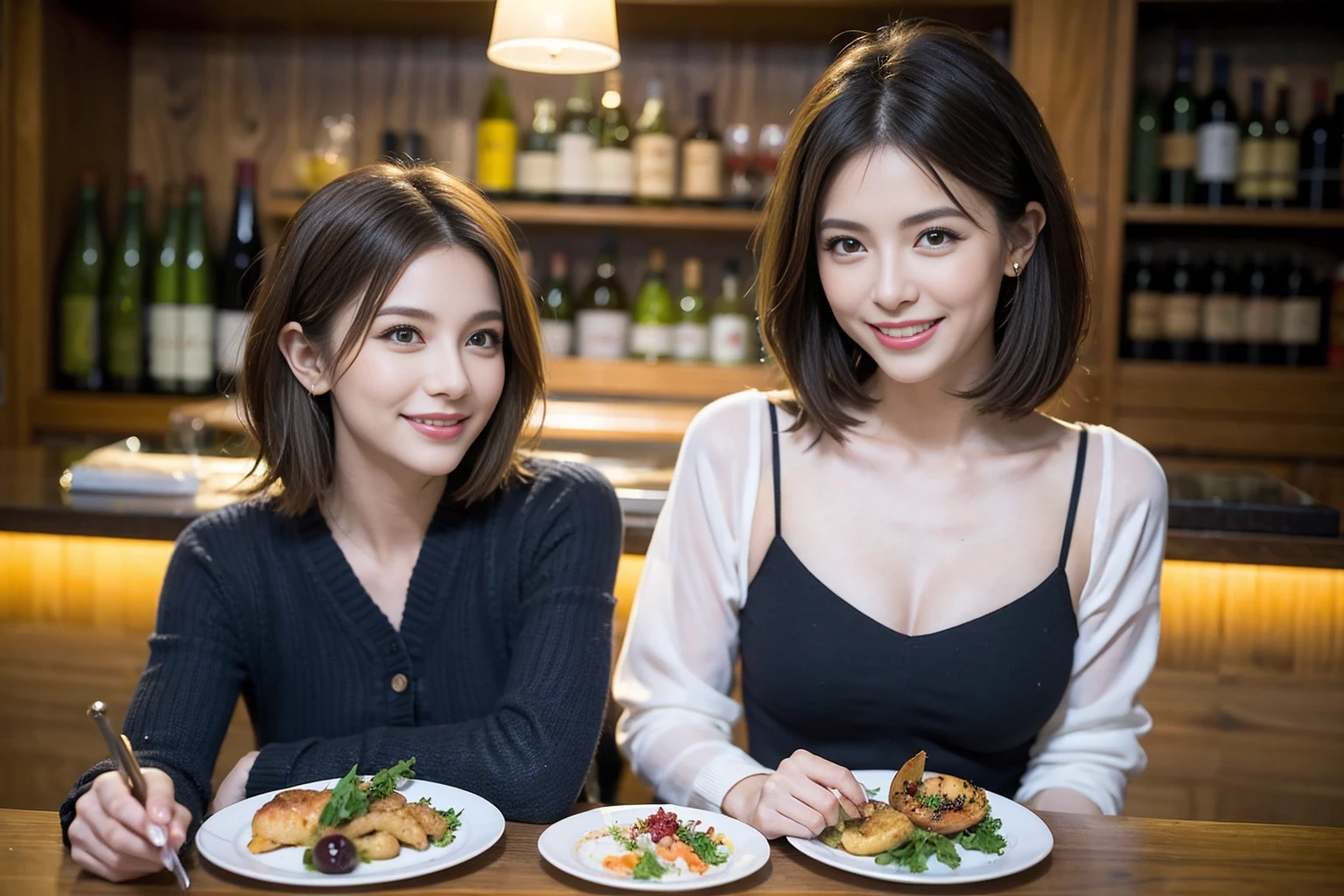 (Realistic:1.1),(masterpiece,Highest quality),8k,(49 years old), 51 years old, Model Couple、actress/actor、Tight waist,Upper Body,full-course dinner、wine 、Amazing view of the sunset sky and clouds、Perfect Anatomy, Brown Hair, short hair,Random Hairstyles,((Highly detailed face and eyes:1.2)),Perfect golden ratio face,Long sleeve shirt、dress,(smile:1.2)、Shortcuts、cute、(Realistic, Intricate details:1.2), A bright smile、short hair,Bright Face、赤wine 、Appetizers、Italian food、wine bottle、Champagne、スパークリングwine、(slimな顔), (The body is slim), (Brown Hair), (Shortcuts), Upper Body, 白wine, slim, wineグラス,