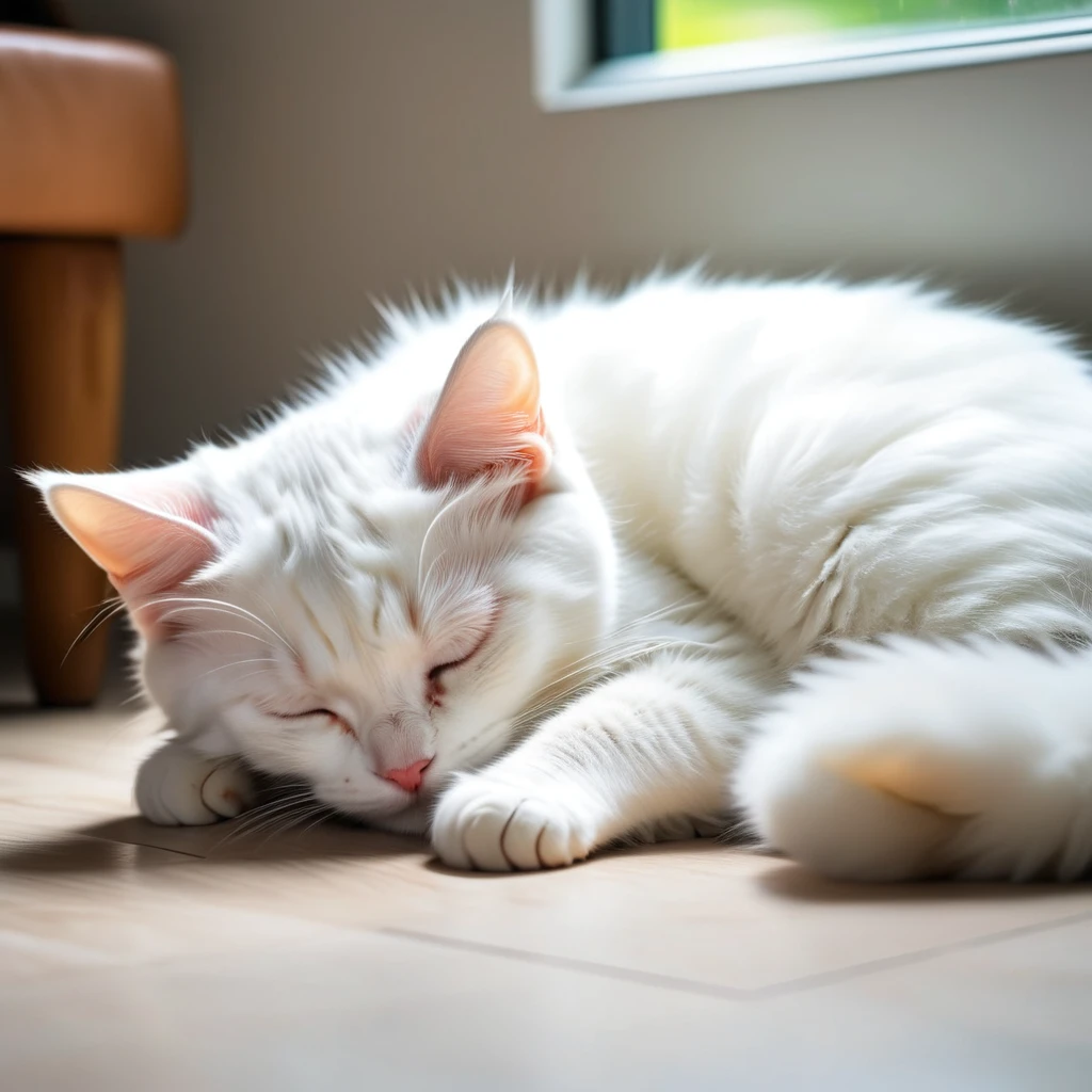 Cute white cat, 8k, Highest quality, masterpiece, Highest quality, Natural lighting, Are sleeping, Full body photo