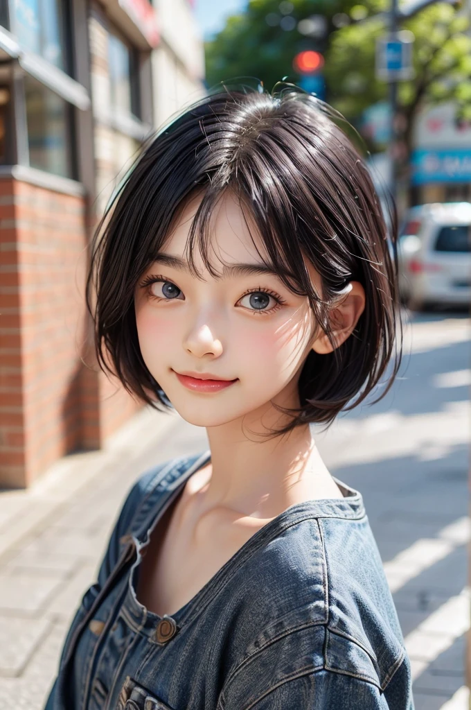 (Masterpiece, BestQuality:1.2), (hyperrealistic), (8k,Photorealistic), (realistic),girl standing street,shibuya tokyo,streetsnap,BREAK (Latest Japanese fashion for teens in 2024,summer),whole body,BREAK (16yo,detailed face,(darkblue hair, wavy-short hair),middle thick eyebrows,eyes with large irises,middle small breasts,small nose, fresh lips),beautiful lighting, volumetric lighting, dynamic angle, looking at viewer, (photographic portrait), sharp,BREAK (open mouth,wink,v-sign,smile)