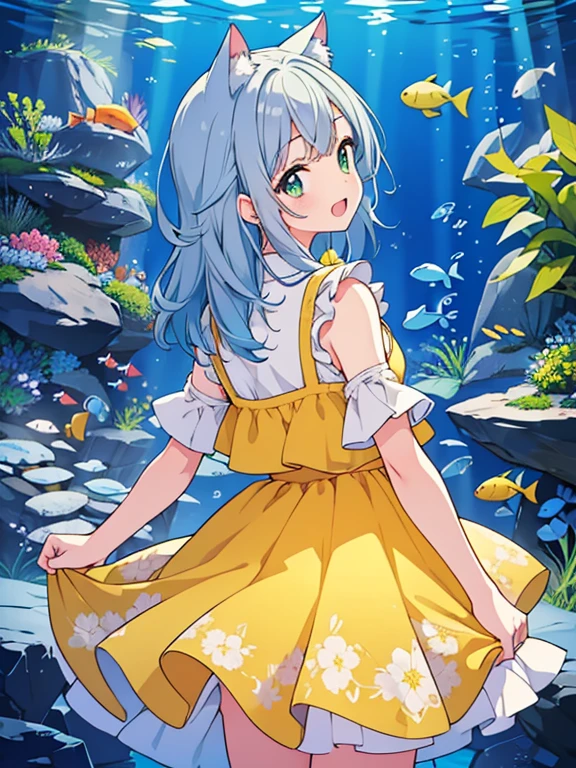 {((aquarium)), Aquarium, shark, fish}, ((One girl)), (happy:1.3), (Open your mouth:1.3), Medium chest, (Cat ear), White skin, Gray Hair, Medium Hair, Green Eyes, (Arms at your sides), {(Yellow floral flared midi dress), (Girly Outfit)}, Cowboy shot from behind, ((Highest quality)), ((masterpiece)), (detailed), Perfect Face, Perfect Arms, Perfect hands, Perfect Fingers, anime, Ultra-fine illustration,