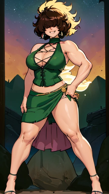 By bebebebebe ,High quality,Female ,((,hair covering eyes,fluffy hair,short hair,Confident smile,(breasts),solo,brown hair,toned,lights Green blouse,long pink silk skirt,black EarrIngs,5 Fingers,in a theme park,,Neckline,muscular,an exposed leg,lights,night,full body view