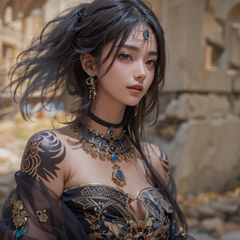 Hiding in the desert、Hair Flow、 ((Highest quality、masterpiece、8k、Best image quality、Ultra-high resolution、Award-winning works)、(Accurate anatomy:1.1)、(Look at me and smile:1.1)、Shining fair skin with Ultra-high resolution、The most detailed face、Ultra-high resolution detailed face、Ultra-high resolutionの髪の毛、(Ultra-high resolutionの煌めく瞳:1.1)、Beautiful face drawn in every detail、(Blurred Background:1.1)、Ancient Islamic clothing, Chest to chest, tattoo, Old ruins in the background、Black Authentic Dress Up Elegant Underarm