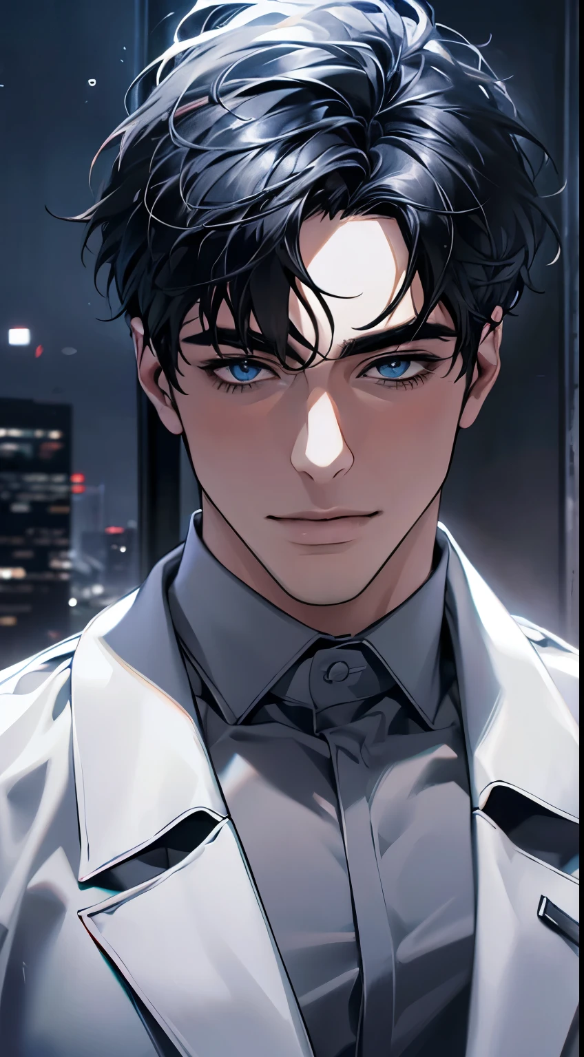 (best quality,4k,8k,highres,masterpiece:1.2),ultra-detailed,(realistic,photorealistic,photo-realistic:1.37),1 man,31 years old,mature man,very handsome,without expression,smile,short grey black hair,blue eyes,penetrating gaze,perfect face without errors,imposing posture,businessman,office background,cinematic lighting,hdr image