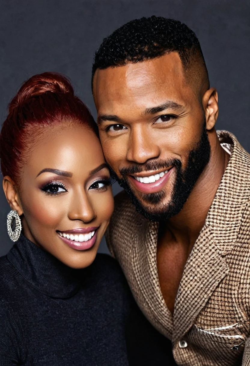 Pornographic actress and model Kendra James and a handsome African American male whose facial features are a combo of Isaiah Mustafa + Omari Hardwick pose together for a photo. Both are smiling. Both are attired attractively but casually for a date. Kendra has lovely makeup on her face. Daytime. Romantic ambiance. Symmetrical eyes. Symmetrical faces. Lovely details. Photorealistic. Full-colored photo. Professional photo. Highly detailed 8K.