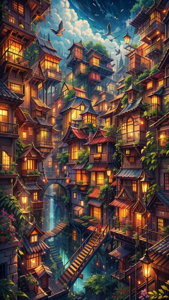 (best quality,highres,masterpiece:1.2),ultra-detailed,realistic, otherworldly city, a city on a tree, a giant world tree with long and big vines, countless houses hanging in mid-air by the vines, houses hanging on the branches of the tree, far shot, surreal, dreamlike, vibrant colors, soft lighting, ethereal atmosphere, breathtaking, imaginative architecture, intricate details, intricate patterns, ancient and mystical, magical ambiance, floating clouds, floating lanterns, lit windows, bustling streets, unique perspective, birds flying around, winding paths, hidden staircases, mysterious doorways, stairways leading up to the skies, a mix of modern and ancient elements, people walking in awe, childlike wonder, peaceful and serene, harmony with nature, vertical cityscape.
