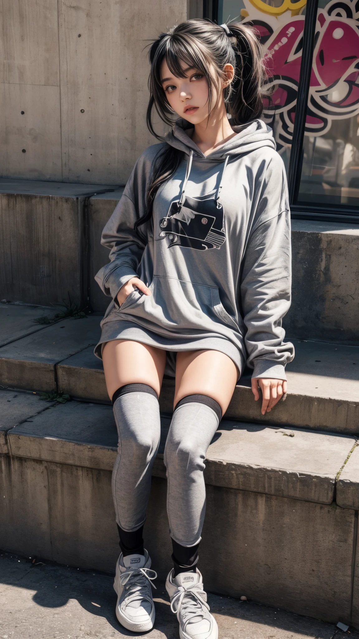 source_anime, 1girl, solo,
osagechan-default, osage \(nukunuku nigirimeshi\), grey eyes, black hair, low twintails, grey hoodie, oversized clothes, black thighhighs, sneakers, urban, graffiti, waiting, crossed legs, leaning back,