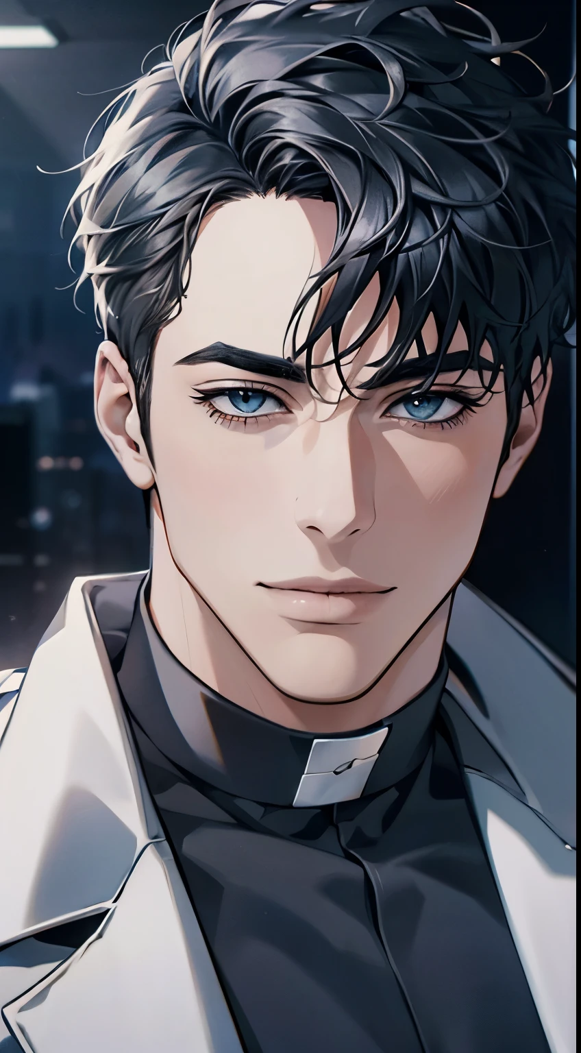 (best quality,4k,8k,highres,masterpiece:1.2),ultra-detailed,(realistic,photorealistic,photo-realistic:1.37),1 man,31 years old,mature man,very handsome,without expression,smile,short grey black hair,blue eyes,penetrating gaze,perfect face without errors,imposing posture,businessman,office background,cinematic lighting,hdr image