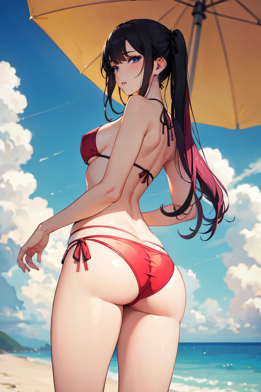 (masterpiece:1.2, high quality), (Pixiv:1.4), (One girl:1.2), (alone:1.2), (Smooth:1.2), (Nakano Nino), (have confidence), A little blush, Glossy Lips, Crystal Blue Eyes, Black eyeshadow, Pale skin, Pink Hair, bangs, bangs over eyes, clavicle, String Bikini, String, Hair Ribbon, Sexy Outfits, (Perfect round ass:1.2), (Subjective view of thighs), I had already finished, Beach outfit, View from below, Rear view, Recall, Narrow waist, Super detailed, Soft lighting, High Contrast, (Blurred_background:1.2), highly concentrated face, (Detailed face), Essential Details, Vibrant colors, High resolution, 4K, Beautiful outdoors, Beach, (Ocean view), sunny day, Beach volleyball, (sand), Pebble