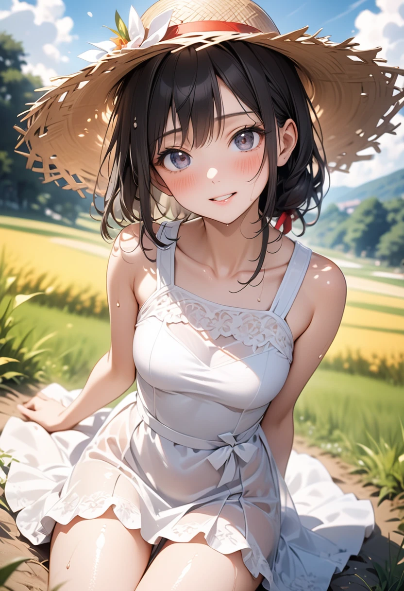 (((A pure white one-piece dress,skirt))), Straw hat, see-through, skinny, solo, 1 woman, Masterpiece, highest quality, highest quality, 16K, incredibly absurd, highly detailed, 2.5D, ai-generated, delicate and dynamic, very delicate facial expressions, delicate eye depiction, erotic, only sexy woman, ((A cute and kind face)), healthy figure, Dark Hair, ((25-year-old woman)), 160cm tall, medium firm swaying bust, blush, Sweat,Embarrassed,sexy, ((thin thighs)), shiny and lustrous, facing straight at viewer,  (((in heat))), ((Oily_skin)), ((suntan)), ((dutch angle)), ((erotic pose)), Japanese countryside, midsummer scenery, scorching sun, intense heat,