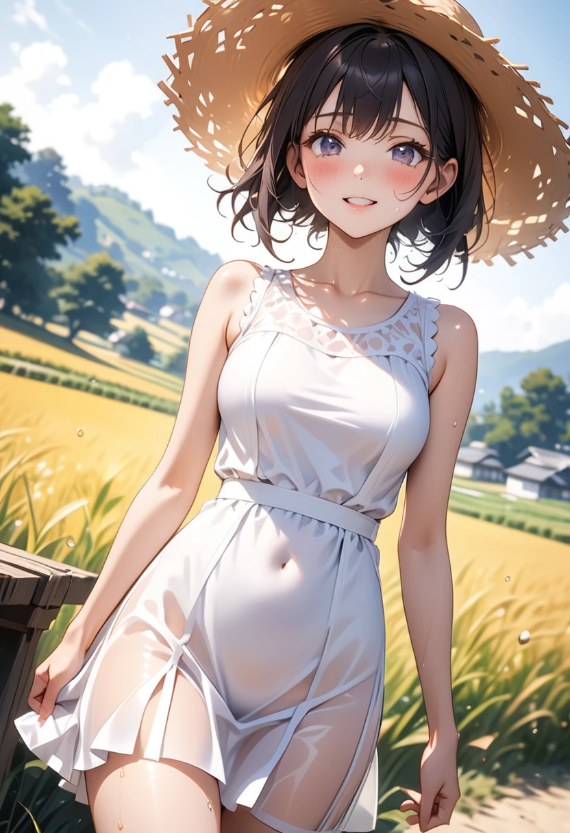 (((A pure white one-piece dress,skirt))), Straw hat, see-through, skinny, solo, 1 woman, Masterpiece, highest quality, highest quality, 16K, incredibly absurd, highly detailed, 2.5D, ai-generated, delicate and dynamic, very delicate facial expressions, delicate eye depiction, erotic, only sexy woman, ((A cute and kind face)), healthy figure, Dark Hair, ((25-year-old woman)), 160cm tall, medium firm swaying bust, blush, Sweat,Embarrassed,sexy, ((thin thighs)), shiny and lustrous, facing straight at viewer,  (((in heat))), ((Oily_skin)), ((suntan)), ((dutch angle)), ((erotic pose)), Japanese countryside, midsummer scenery, scorching sun, intense heat,