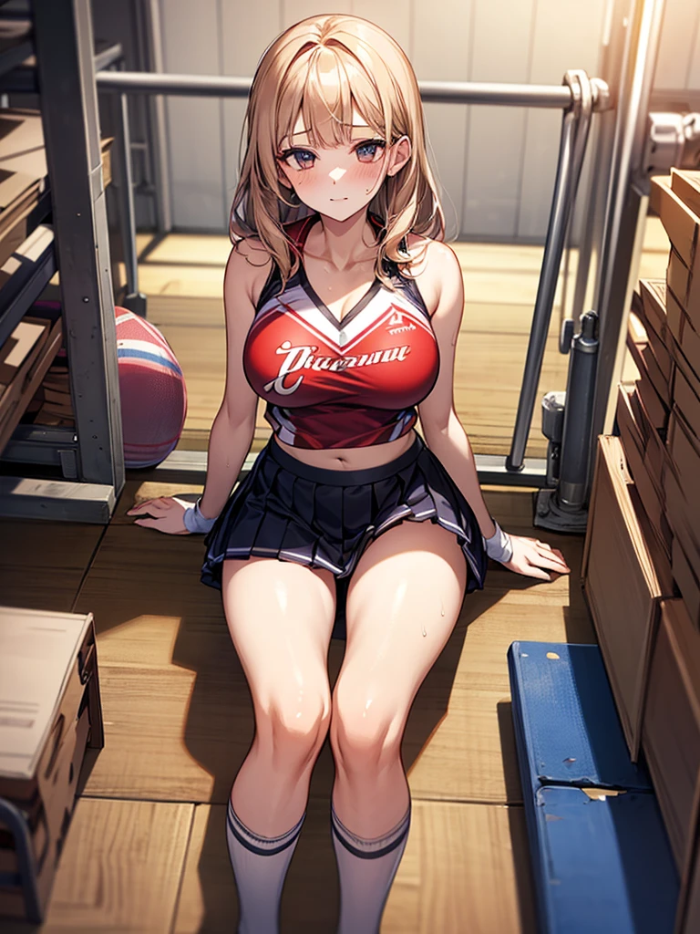 高いquality illustration, masterpiece, Very delicate and beautiful, Attractive girl,(Cheerleaderのコスチューム,Super mini pleated skirt,Knee-high socks、Red undercoat),Sweaty,Slender body,slim,high school girl,One girl、Dark gymnasium warehouse、sit on a vaulting box、The underskirt is completely visible、Secret secret meetings、Cheerleader,Big Breasts、Flushed Cheeks、Big Breasts、Nice body