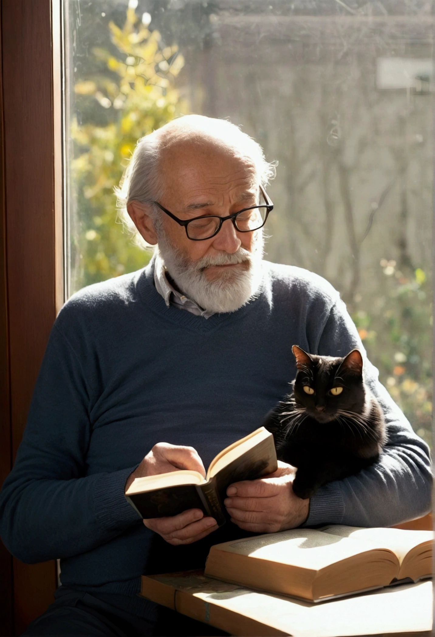 Animation: a cute black cat and an elderly man; the black cat is a fairly elderly female cat; the man is reading a book; the cat is taking a nap near the man; they are relaxing by the window in the sunlight of a clear winter afternoon; outside the window you can see a garden with trees that have lost their leaves; the man has reading glasses and a gray beard, and his hair is thinning significantly.