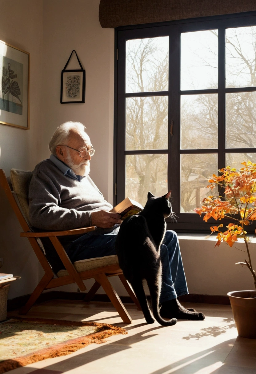 Animation: a cute black cat and an elderly man; the black cat is a fairly elderly female cat; the man is reading a book; the cat is taking a nap near the man; they are relaxing by the window in the sunlight of a clear winter afternoon; outside the window you can see a garden with trees that have lost their leaves; the man has reading glasses and a gray beard, and his hair is thinning significantly.