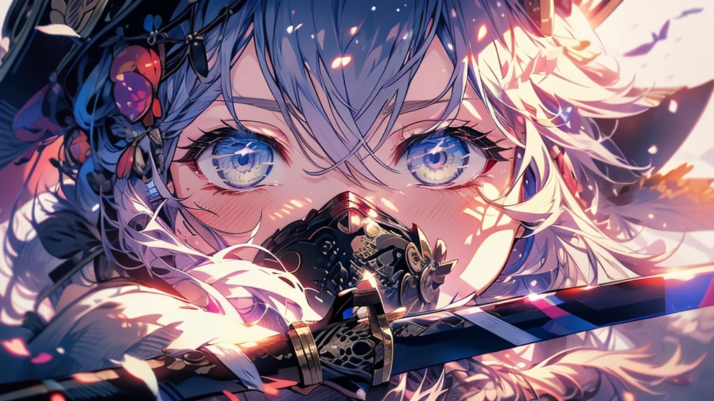 masterpiece, Highest quality, Very detailed, anime, A samurai, sword, holding 邪evilなオーラ, woman, evil, strong feeling, mask, glitch effect, simple