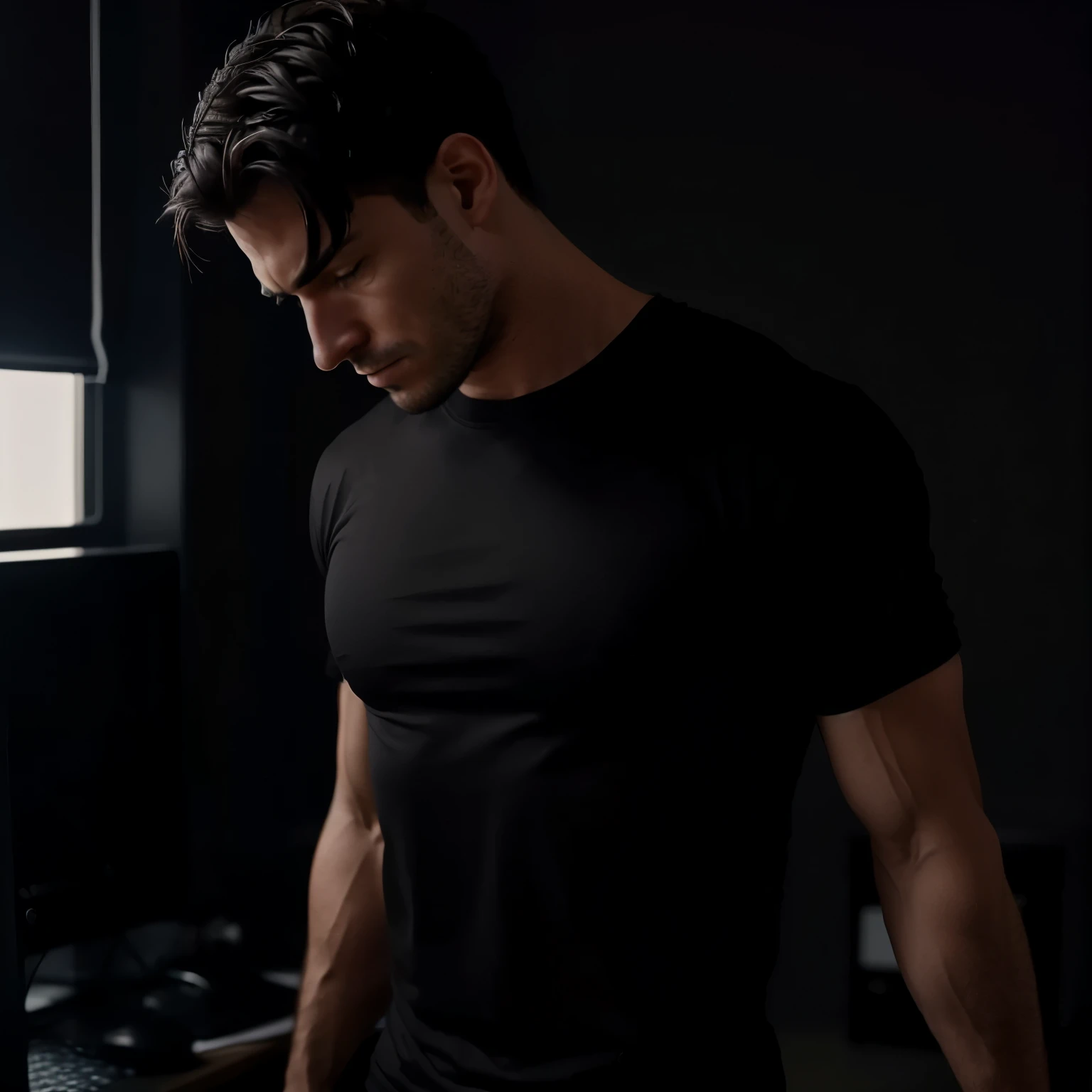 Man wearing a black t-shirt, ((no details)), dark day trader fund