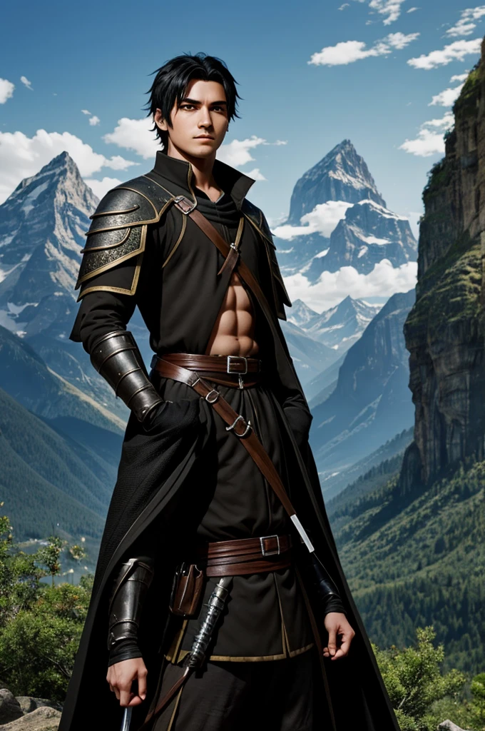 Generates in a magical medieval anime style a young man of about 18 years old with green eyes and black hair standing to the side.
He wears a black Assassin&#39;s Creed style suit and a dagger at his waist.. 
That it is in an environment with mountains.