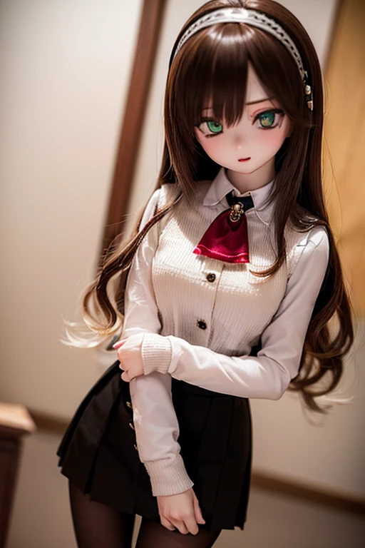 (SFW:2), photorealistic, realistic photo, 8k, ((highest quality)), ((masterpiece)), (extremely detailed), kukolnydom, doll, (mature woman, 21yo, 21 years old, solo:1.6), (cowboy shot, standing, slim, slender, skinny, medium breasts, hairband, ascot, vest, blouse, long puff sleeves, pleated skirt, black pantyhose, green eyes, brown hair, long hair, plastic skin, looking at another, glass eyes, gradient eyes, shining eyes, detailed eyes:1.3)