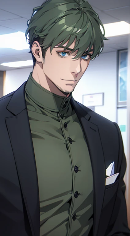 (best quality,4k,8k,highres,masterpiece:1.2),ultra-detailed,(realistic,photorealistic,photo-realistic:1.37),1 man,31 years old,mature man,very handsome,without expression,smile,short grey green hair,blue eyes,penetrating gaze,perfect face without errors,imposing posture,businessman,office background,cinematic lighting,hdr image