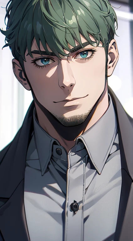 (best quality,4k,8k,highres,masterpiece:1.2),ultra-detailed,(realistic,photorealistic,photo-realistic:1.37),1 man,31 years old,mature man,very handsome,without expression,smile,short grey green hair,blue eyes,penetrating gaze,perfect face without errors,imposing posture,businessman,office background,cinematic lighting,hdr image