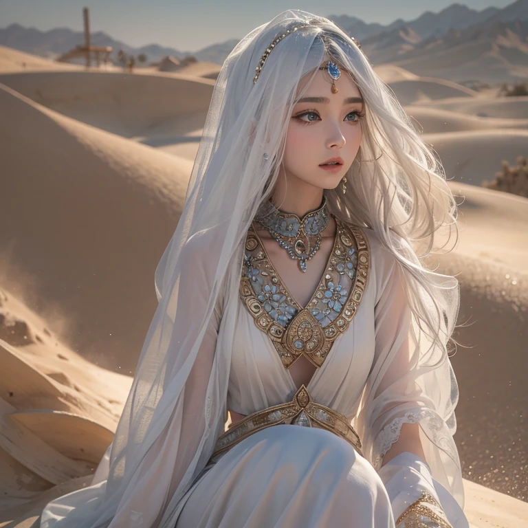 (Highest quality、masterpiece、8k、Best image quality、Ultra-high resolution、Award-winning works)、A beautiful white-haired woman watches over us from afar in the desert..........., Where the moonlight shines.、Ancient Islamic clothing、Beautiful face drawn in every detail