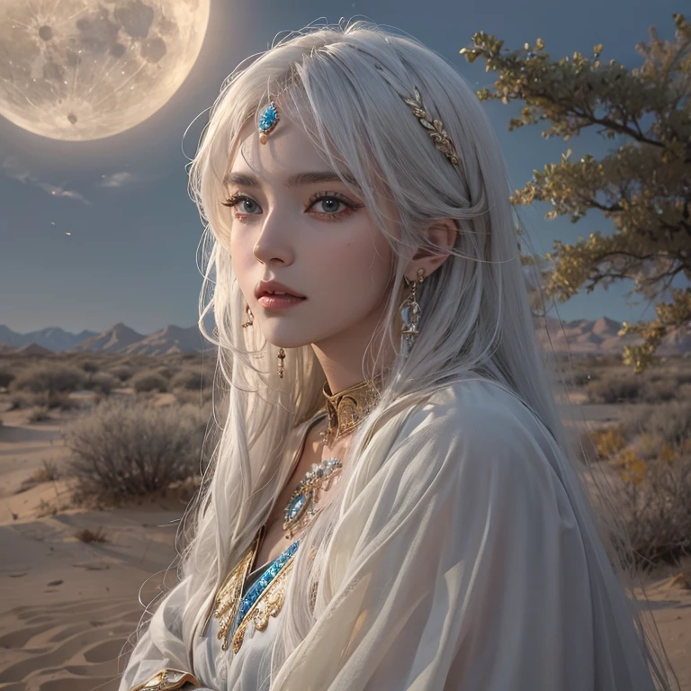 (Highest quality、masterpiece、8k、Best image quality、Ultra-high resolution、Award-winning works)、A beautiful white-haired woman watches over us from afar in the desert..........., Where the moonlight shines.、Ancient Islamic clothing、Beautiful face drawn in every detail