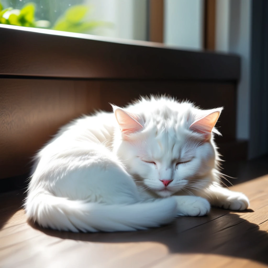 Cute white cat, 8k, Highest quality, masterpiece, Highest quality, Natural lighting, Are sleeping, Full body photo, anime