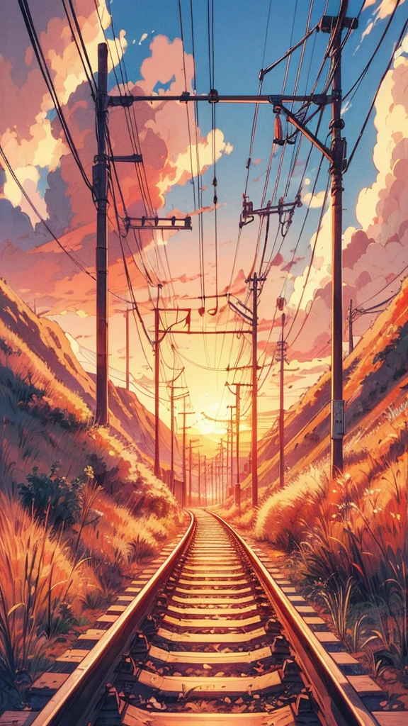 Draw an digital simple anime art of wide lofi scene of railway track through the uphill desert, sunset, poles ans wires trails, ambient dim light, beautiful cloudy sky, vibrant color tones, masterpiece, peaceful scene