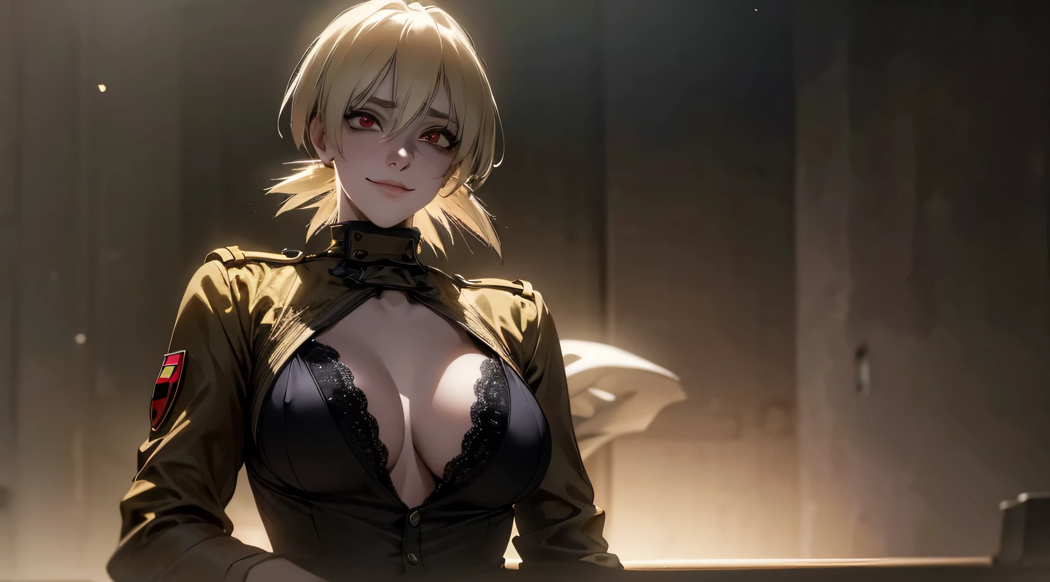 a beautiful girl in a yellow military uniform, unbuttoned shirt, short skirt, bright red eyes, deep cleavage, black lacy lingerie, smiling, gorgeous chest, voluptuous hips, (best quality,4k,8k,highres,masterpiece:1.2),ultra-detailed,(realistic,photorealistic,photo-realistic:1.37),extremely detailed face and eyes,beautiful detailed lips,extremely detailed eyes and face,longeyelashes,intricate details,detailed facial features,high quality portrait,hyper detailed,volumetric lighting,dramatic lighting,cinematic lighting,beautiful background,elegant,dynamic pose,sensual,alluring,seductive,erotic,provocative