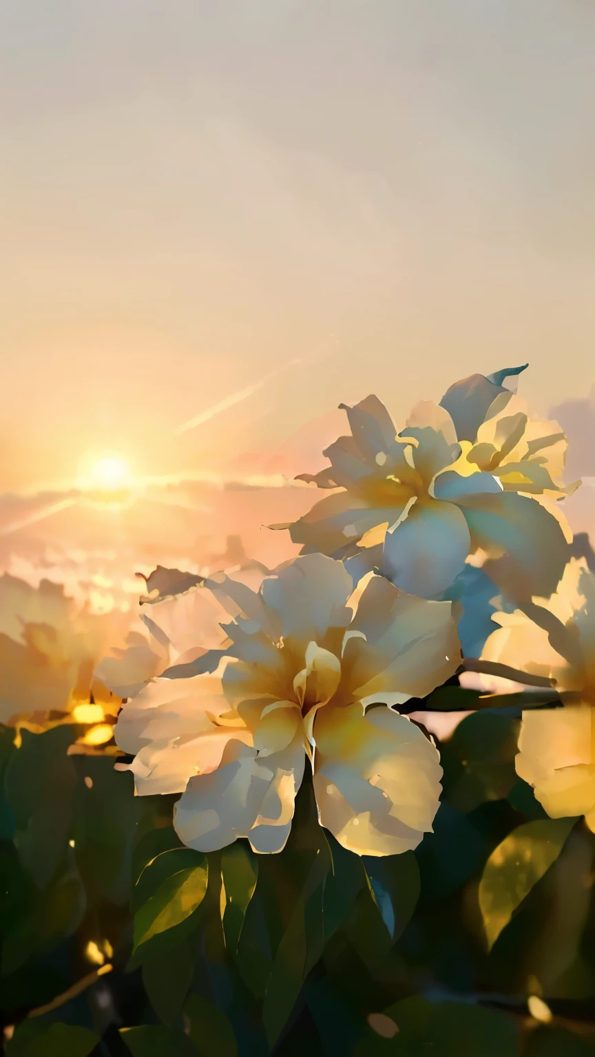 there is a white flower that is in the middle of a tree, floral sunset, plumeria, light bloom sunlight, soft morning light, beautiful flower, with the sun shining on it, glorious sunlight, morning golden hour, blooming tropical flowers, sun drenched, at sunrise in springtime, morning sunrise, golden morning light, morning sunlight, beautiful aesthetic, soft golden light