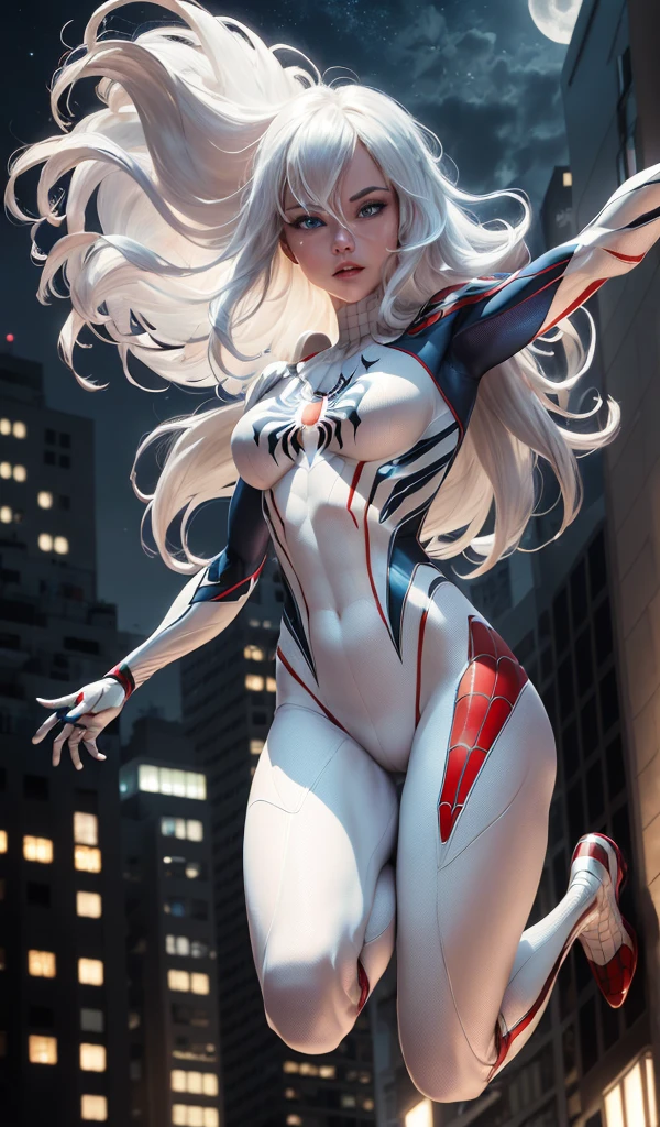 (Masterpiece, 4k resolution, ultra-realistic, very detailed), (White superhero theme, charismatic, there's a girl on top of town, wearing Spider-Man costume, she's a superhero), [ ((25 years), (long white hair:1.2), full body, (blue eyes:1.2), ((Spider-Man pose),show of strength, jumping from one building to another), ((sandy urban environment):0.8)| (cityscape, at night, dynamic lights), (full moon))] # Explanation: The Prompt mainly describes a 4K painting of ultra-high definition, very realistic, very detailed. It shows a superheroine at the top of the city, wearing a Spider-Man costume. The theme in the painting is a white superhero theme, the female protagonist has long white hair, is 25 years old and her entire body is shown in the painting. In terms of portraying the actions of superheroines, spiders are employed, Naked