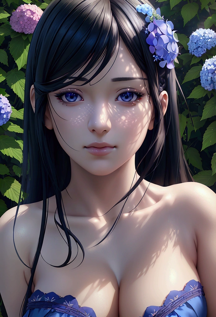 A beautiful woman with hydrangeas in her hair is wearing a blue dress. Anime style, realistic, highly detailed, black hair, photorealistic, (highest quality, 4k, 8k, high resolution, masterpiece: 1.2), ultra detailed, bob hair, hairs between eyes, (realistic, photorealistic, photorealistic: 1.37), medium hair, HDR, UHD, studio lighting, ultra fine painting, sharp focus, physically based rendering, super breasts,