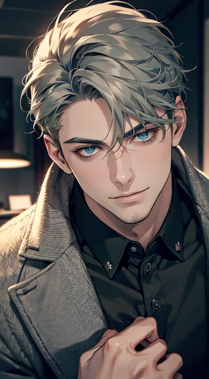 (best quality,4k,8k,highres,masterpiece:1.2),ultra-detailed,(realistic,photorealistic,photo-realistic:1.37),1 man,31 years old,mature man,very handsome,without expression,smile,short grey green hair,blue eyes,penetrating gaze,perfect face without errors,imposing posture,businessman,office background,cinematic lighting,hdr image