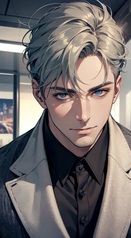 (best quality,4k,8k,highres,masterpiece:1.2),ultra-detailed,(realistic,photorealistic,photo-realistic:1.37),1 man,31 years old,mature man,very handsome,without expression,smile,short grey green hair,blue eyes,penetrating gaze,perfect face without errors,imposing posture,businessman,office background,cinematic lighting,hdr image