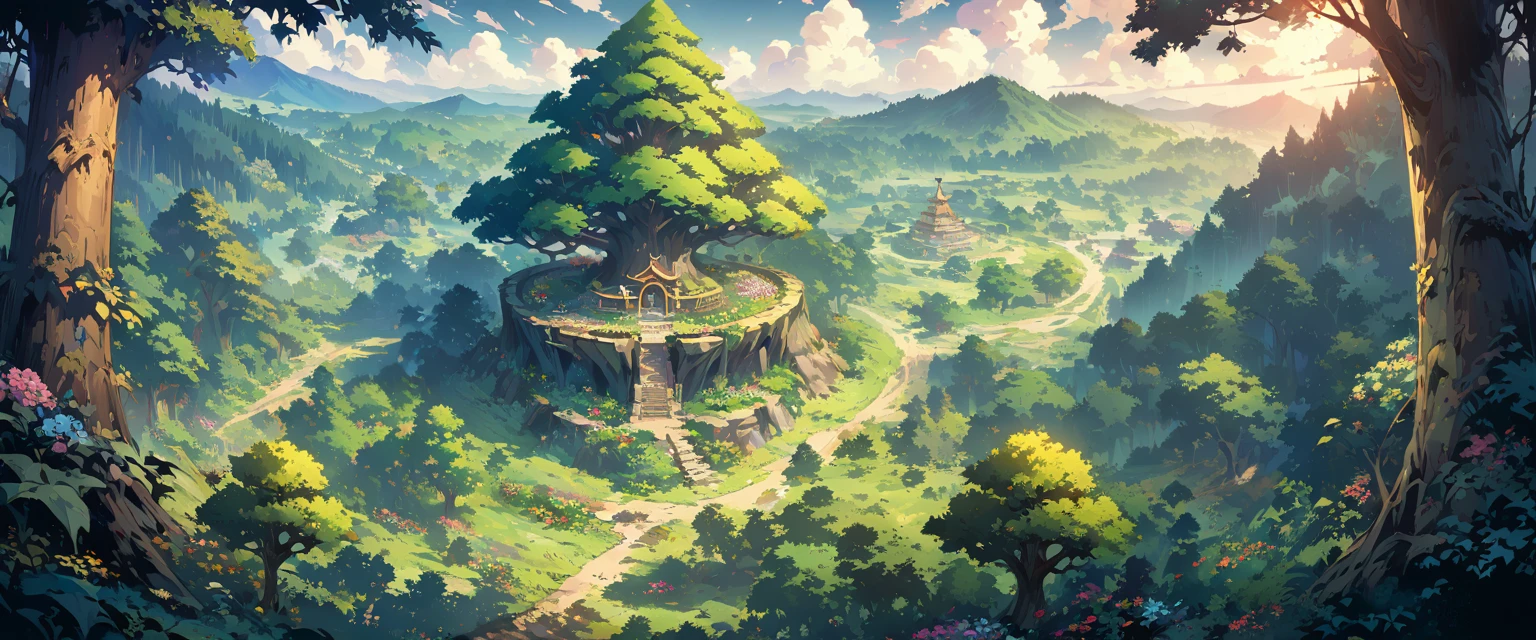 forest,A variety of trees and flowers,Beautiful and mysterious,forest中央是一棵参天古树,The elves are flying around the sacred tree。Bird's eye view composition,Panorama pictures,Scene screen,Game concept art style,Anime illustration style,HD,4K。