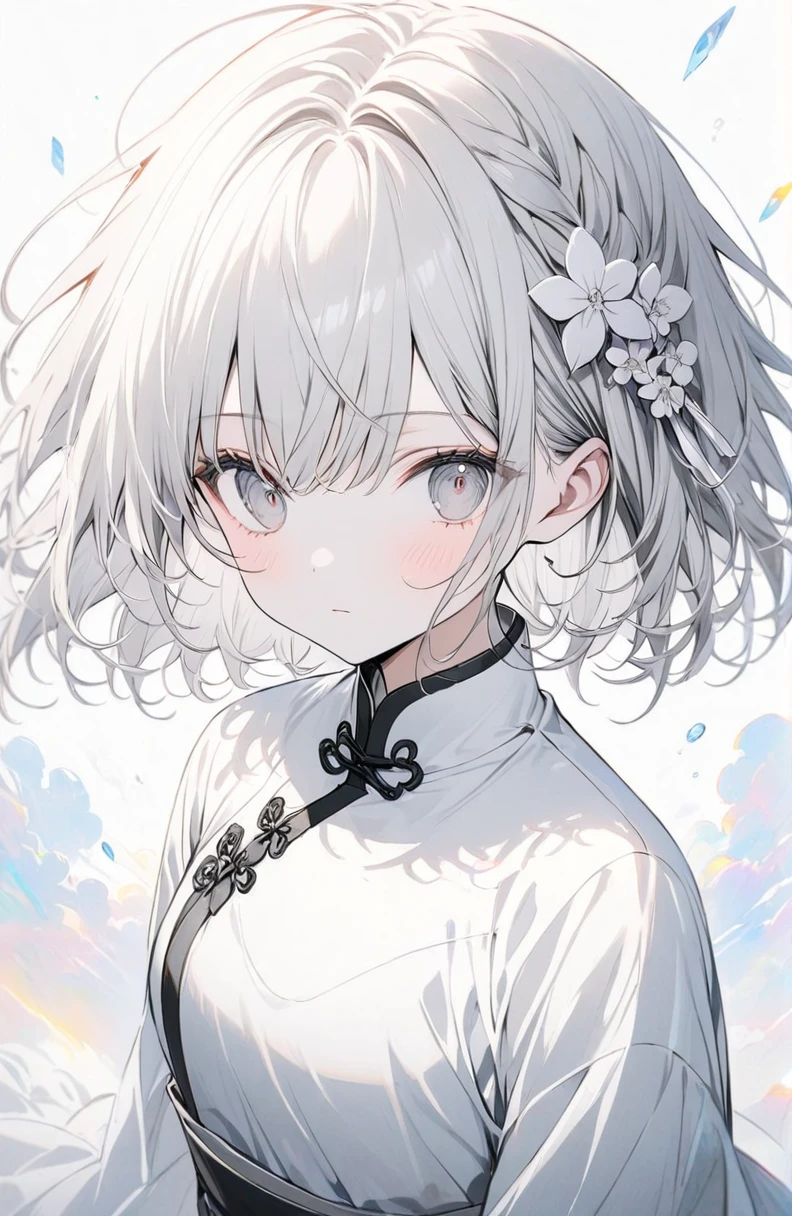 (masterpiece:1.2),(anime),、girl、cute,Silver Hair,Pink glowing eyes,sweets dream, A colorful world, cute, like, Highest quality, masterpiece,【Highest quality, Tabletop】 (Gray white background:1.7), Han Fei,Grey Hair,White flower hair ornament,White ribbon,Grey Eyes,Black and white outfit,White translucent socks,Fleeting,Expressionless,dream,White Background,whole body,Portraits,A look of contempt,chinese style clothing,chinese garment,Monochrome,Fleeting,