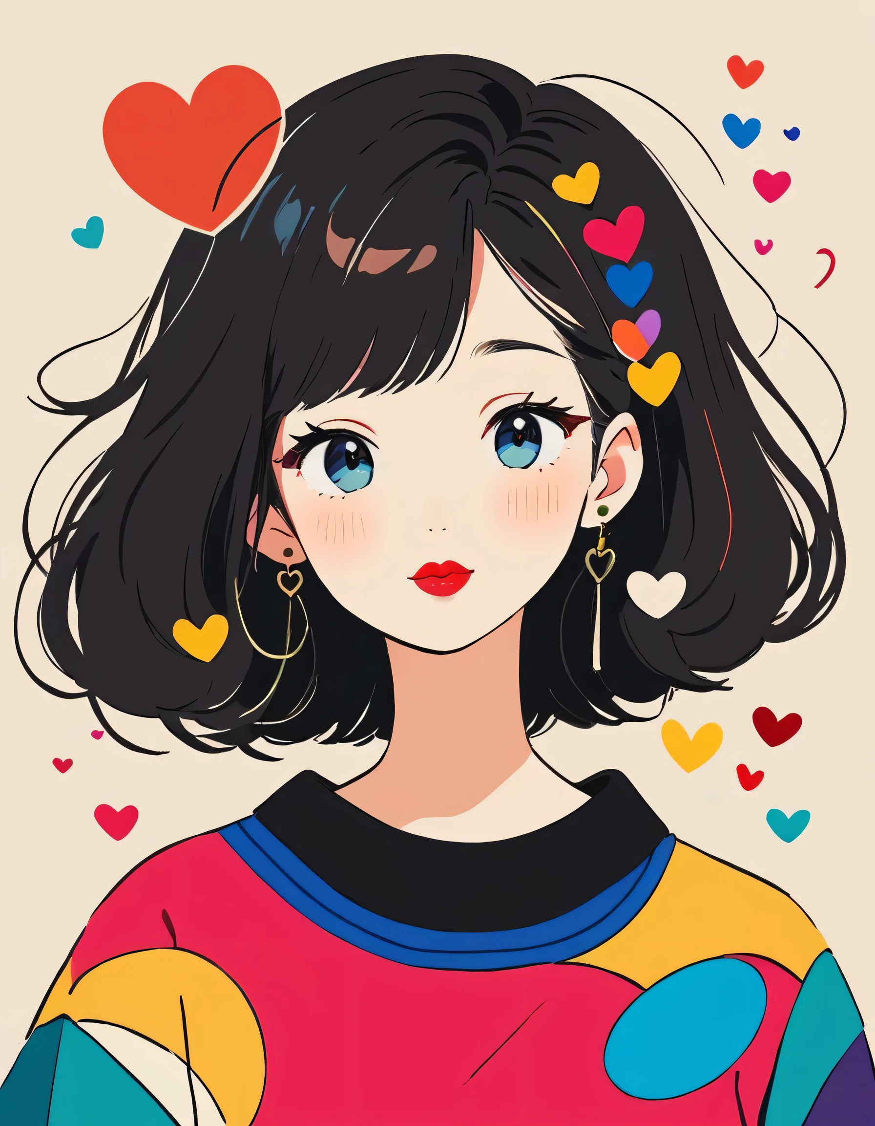 Vasily Kandinsky colorful style, Simple Line Initialism，Abstract art，Urban Background, (((The most beautiful girl of all time))), Sweet face. Lips in love, colorful hearts, stylish design, 夏のオシャレなTシャツ, 黒い瞳