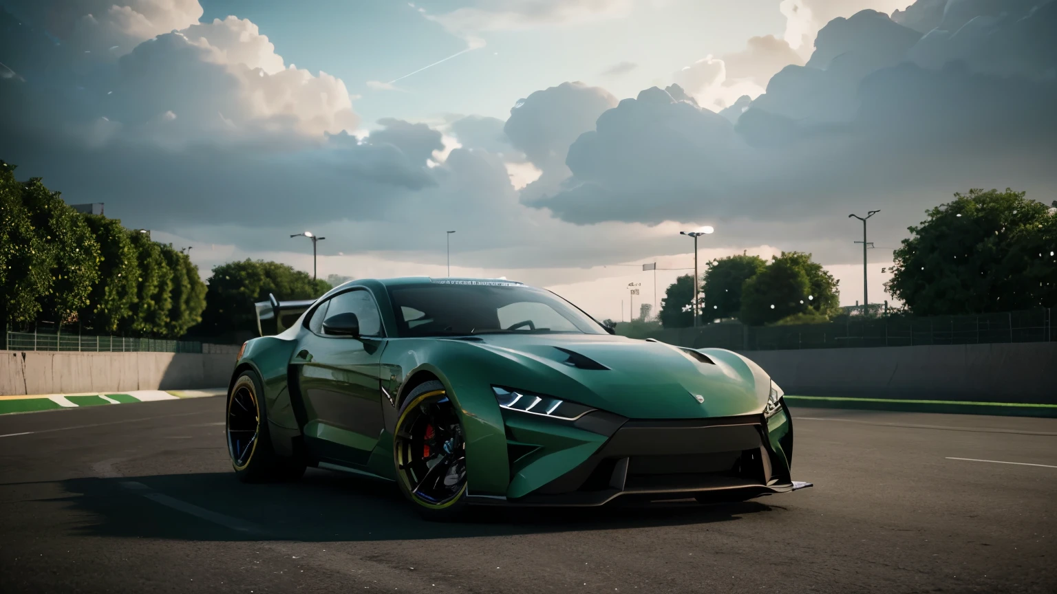 A stunning 3D render of the futuristic hot rod car with a widebody modification. The electric car is sleek and futuristic, boasting a striking applegreen and black color scheme. The car features a powerful massive chrome wheels that accentuate its athletic stance. The background showcases a racing track surrounded by towering futuristic buildings, creating a high-tech racing environment, photo, 3d render, vibrant, cinematic, portrait photography