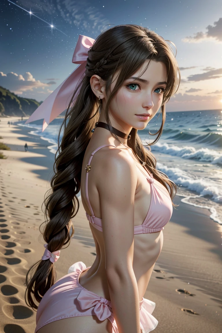 
Aerith,FF7, Long Hair, bangs, Brown Hair, bow, ribbon, jewelry, Green Eyes,  hair ピンクribbon, Braiding, hair bow, Side Lock, choker, necklace, lips, parted bangs, pink bow, Portraiture, Realistic,Super high quality,high quality,masterpiece,Digital SLR,Detailed explanation,Exquisite details,Anatomical basis,Detailed Description,Detailed face,Realistic skin texture,Sharp details,Perfect Anatomy,Perfect Anatomy,Anatomically correct hand,Anatomically correct fingers,Super Detail,Complex 3D rendering,Sexy pose,The beautiful world of Final Fantasy 7,Pink ruffled swimsuit,Wet,night,美しいnight空,A beach with a beautiful starry sky,shooting star,Fantastic beaches,Fantasy worldview,Picturesque,Pink Lips,smile,