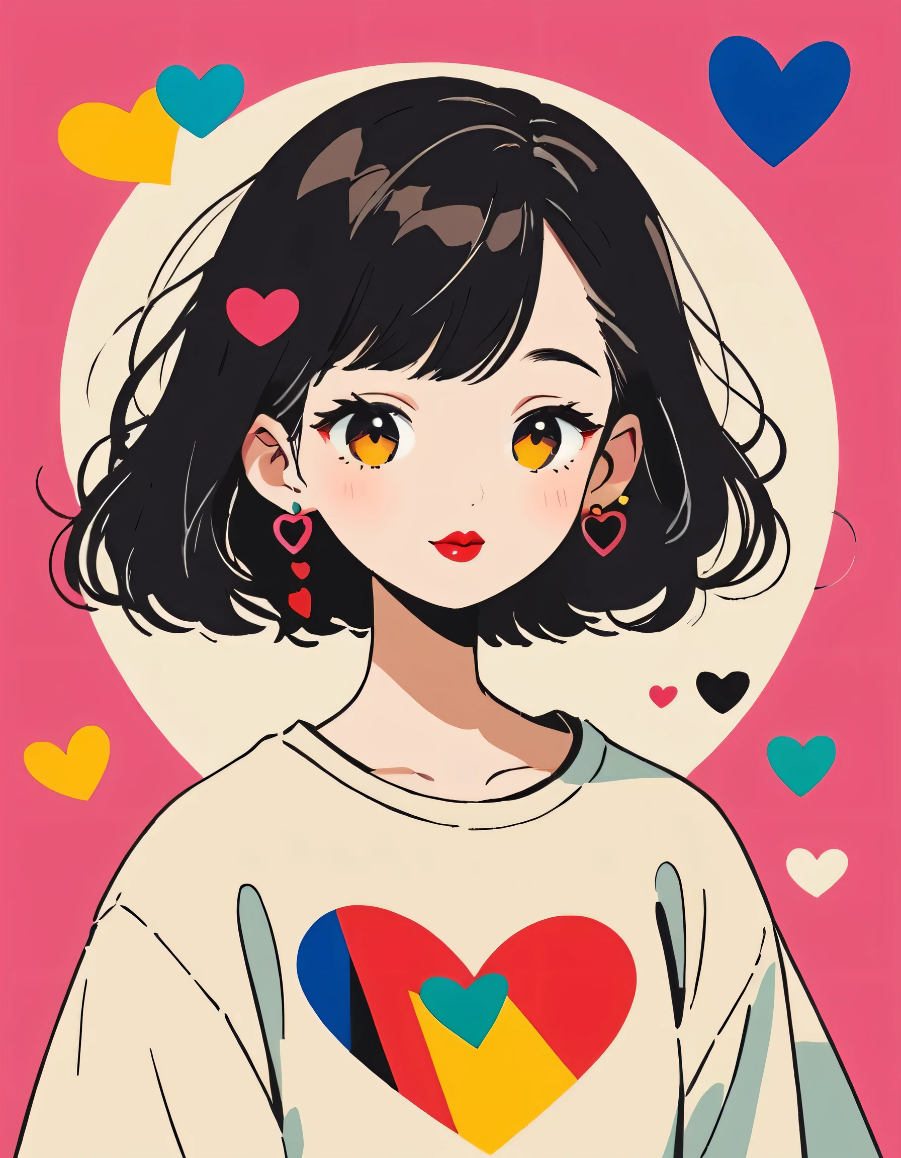 Vasily Kandinsky colorful style, Simple Line Initialism，Abstract art，Urban Background, (((The most beautiful girl of all time))), Sweet face. Lips in love, colorful hearts, stylish design, 夏のオシャレなTシャツ, 黒い瞳
