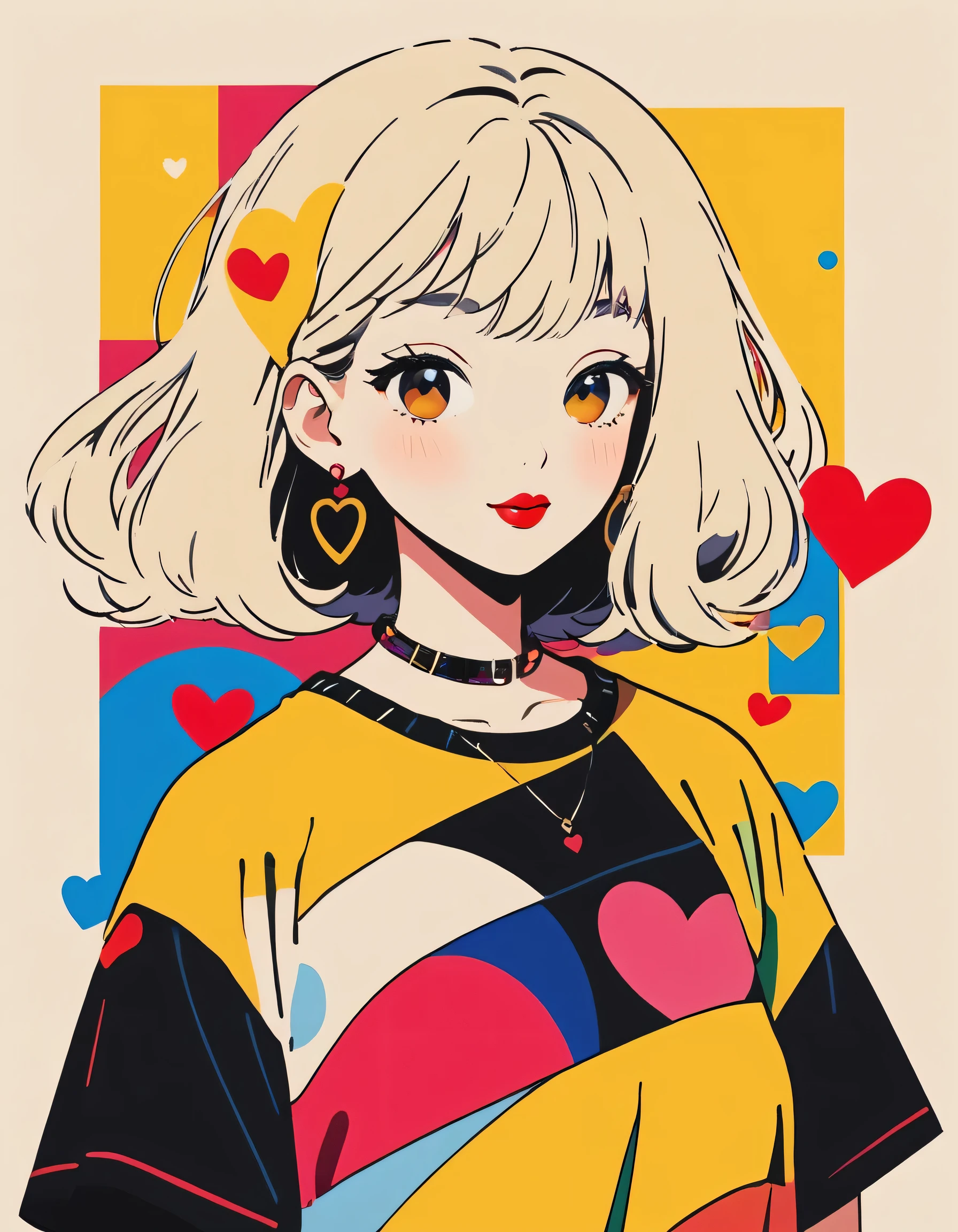 Vasily Kandinsky colorful style, Simple Line Initialism，Abstract art，Urban Background, (((The most beautiful girl of all time))), Sweet face. Lips in love, colorful hearts, stylish design, 夏のオシャレなTシャツ, 黒い瞳
