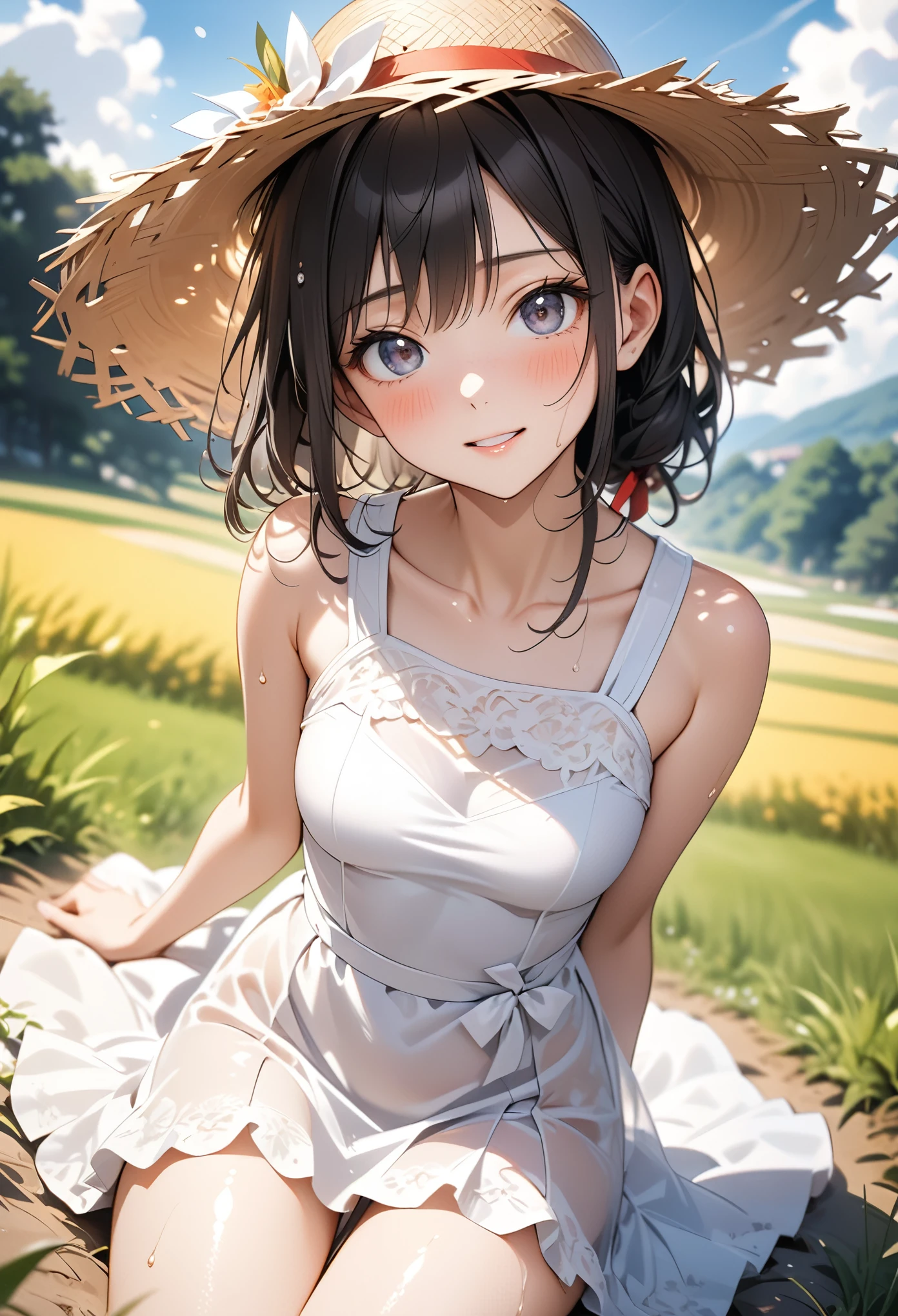(((A pure white one-piece dress,skirt))), Straw hat, see-through, skinny, solo, 1 woman, Masterpiece, highest quality, highest quality, 16K, incredibly absurd, highly detailed, 2.5D, ai-generated, delicate and dynamic, very delicate facial expressions, delicate eye depiction, , only sexy woman, ((A cute and kind face)), healthy figure, Dark Hair, ((25-year-old woman)), 160cm tall, medium firm swaying bust, blush, Sweat,Embarrassed,sexy, ((thin thighs)), shiny and lustrous, facing straight at viewer,  (((in heat))), ((Oily_skin)), ((suntan)), ((dutch angle)), (( pose)), Japanese countryside, midsummer scenery, scorching sun, intense heat,