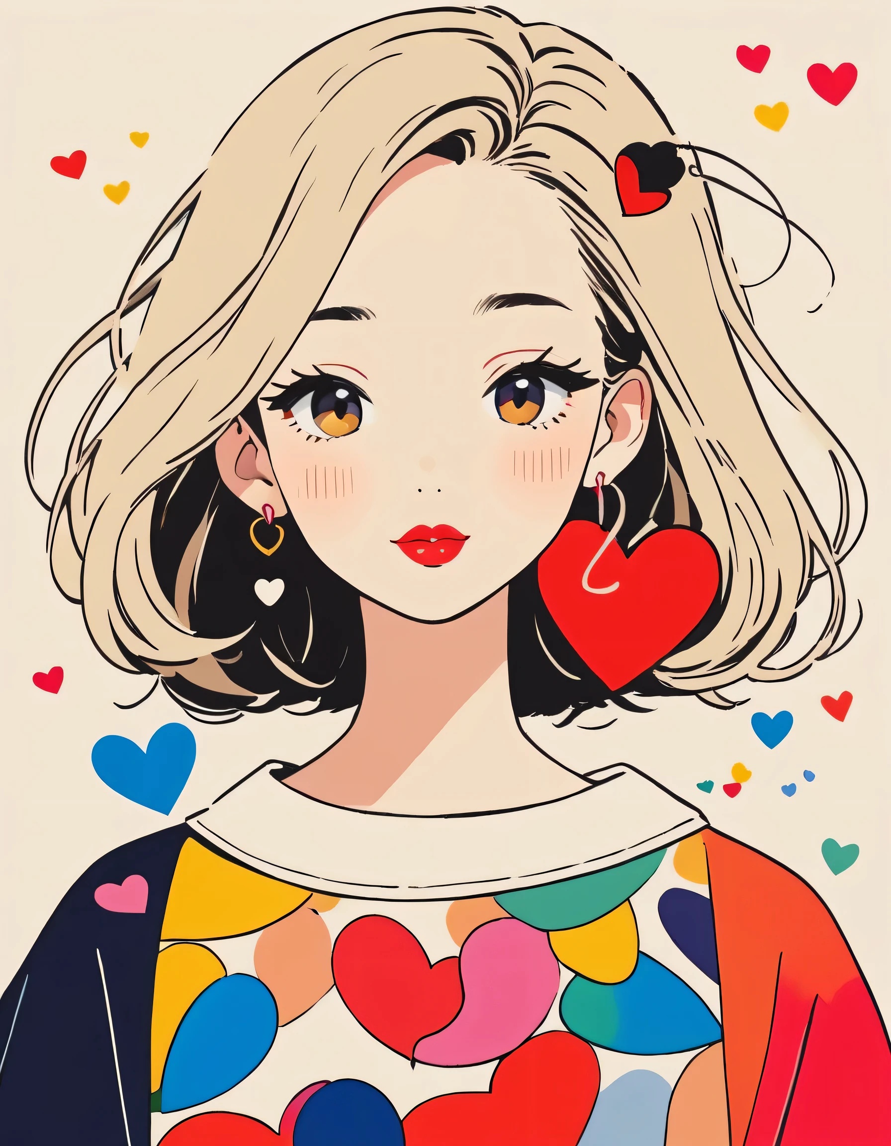 Vasily Kandinsky colorful style, Simple Line Initialism,Abstract art,Urban Background, (((The most beautiful girl of all time))), Sweet face. Lips in love, colorful hearts, stylish design, 夏のオシャレなTシャツ, 黒い瞳