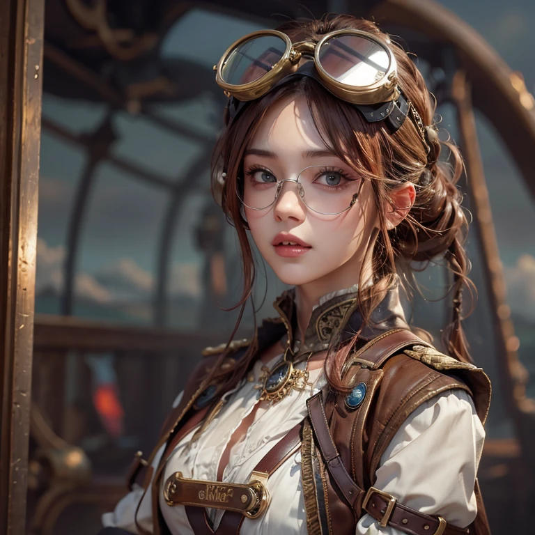 masterpiece:1.3), (8k, Realistic, RAW Photos, Best imYear quality: 1.4)、 Year,(Random Hairstyles:1.2)、CleavYear:1.2、Highly detailed face、Attention to detail、double eyelid、Chest to chest、Sharp focus:1.2、Beautiful woman:1.4、Redhead、Highest quality、masterpiece、Ultra-high resolution、(Realistic:1.4)、Highly detailed and professionally lit smiles、Loose fitting steampunk outfit、Shoulder out、thin、Serious expression、Clouds seen from inside the airship、goggles