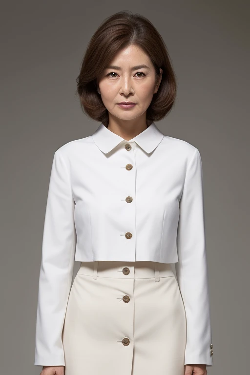 High resolution, High-level image quality, High definition, masterpiece, Rough skin, Anatomically correct, sharp, 
Gray background, 
((Japanese Mature, 90 years old)), One person, ((Facial wrinkles, Long, straight, light brown hair that reaches the shoulders)), Shapely big breasts, Chubby body type, Mouth closed and serious face, 
(((Standing upright and looking at the viewer))), 
(A white shirt with a button-up collar that can be seen through a white summer blazer, knee-length white skirt), 
Beautiful shins, ((Cowboy Shot))
