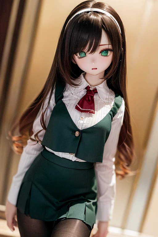 (SFW:2), photorealistic, realistic photo, 8k, ((highest quality)), ((masterpiece)), (extremely detailed), kukolnydom, doll, (mature woman, 21yo, 21 years old, solo:1.6), ((cowboy shot, standing, slim, slender, skinny, medium breasts, hairband, ascot, vest, blouse, long puff sleeves, pleated skirt, black pantyhose)), (green eyes, brown hair, long hair, plastic skin, looking at another, glass eyes, gradient eyes, shining eyes, detailed eyes:1.3)