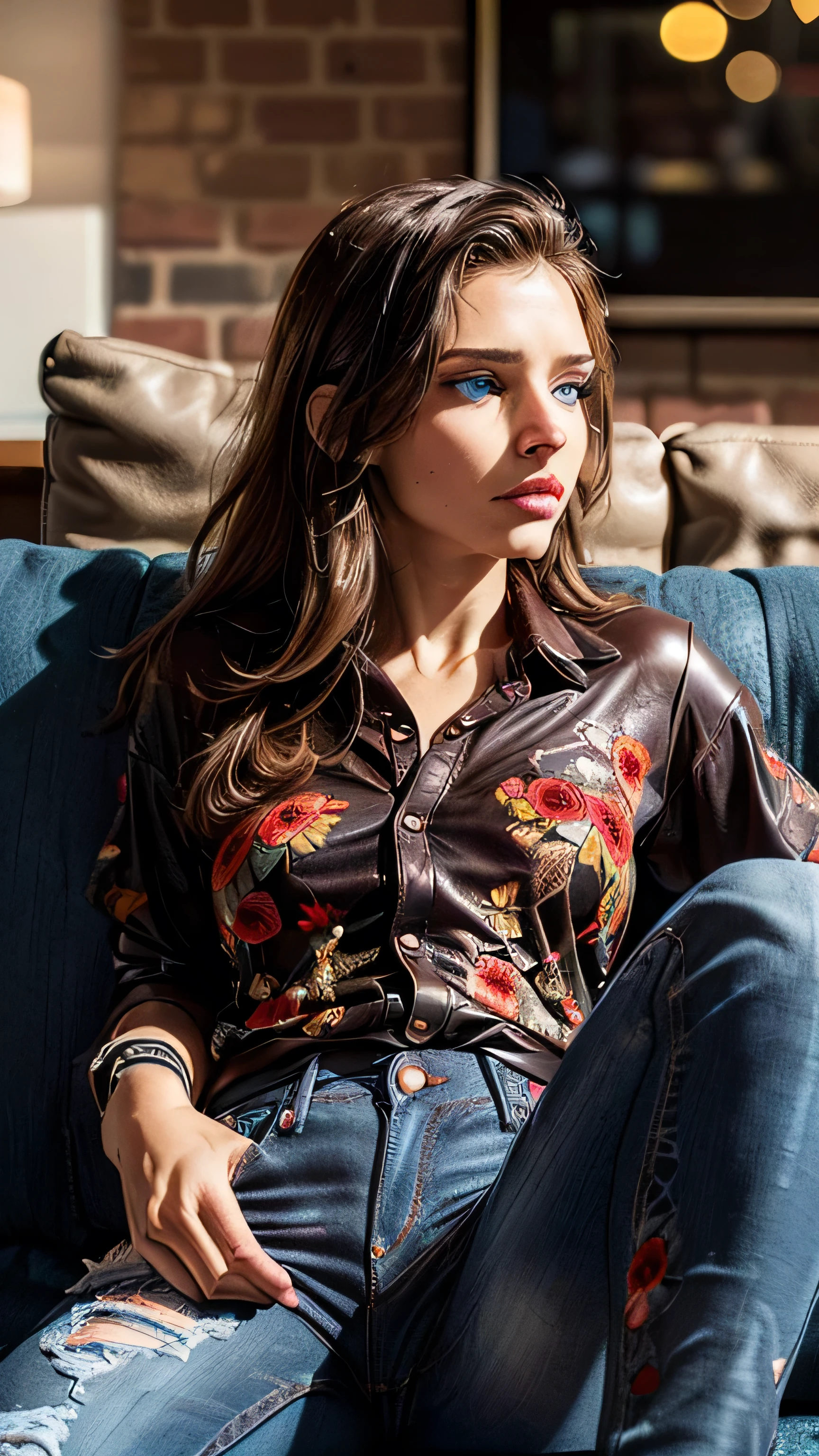 (masterpiece, photorealistic:1.4, extremely intricate:1.3), (photon mapping, radiosity, physically based rendering, ultra resolution, hyper-realistic, photorealistic:1.4, hyper-realistic, 8K), ((detailed athlete woman, (25 years, soft loose red black flowerprint shirt, jeans, [ginger hair:dark hair:0.2], touseled hair, [flat chest:medium breasts:0.5]), sitting, leather couch, (looking away, [clear eyes:blue eyes:0.6]), [makeup:natural:0.5], elegant:1.3), BREAK, (((bokeh, Fujifilm, volumetric dim)))