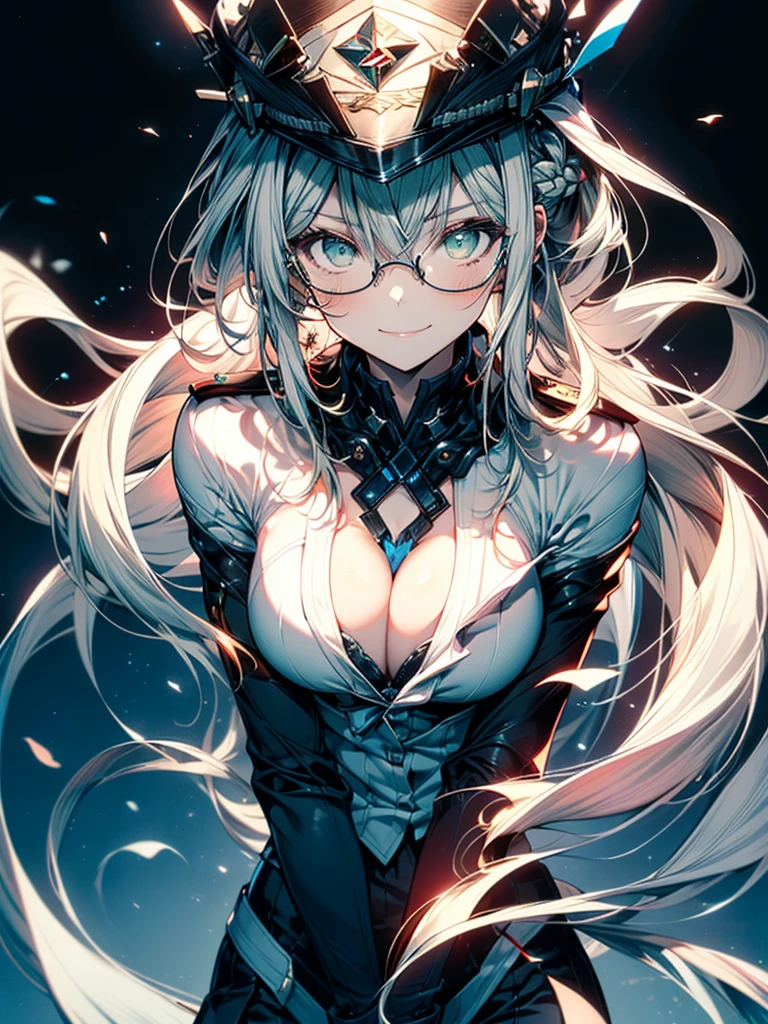 masterpiece, best quality, woman, white hair with green color inner, green eyes color, blue and white military uniform, maturee, eyes glasses , white gloves, anime, blue military hat, very_long_hair, perfect body, commander, science_fiction, black knee-high boots, white skirt , large_breasts, ultiled, high quality, british military uniform, sci-fi, dark blue Trench Coat, 1girl, 4k, military base ,perfect hands, full body, great details, beautiful anime illustrations, 26 years old, red ribbon bow tie, white stockings, (((correct anatomy:1.5))), ((perfect hand:1.5, Ideal body proportions:1.37)), Good realistic skin:1.1, look at the audience:1.3, (Dynamic angle:1.3, Focus Target:1.3), (Many poses:0.0), (charming, Smile sexy too.:1.4), Thecture in the middle:0.2, ((milf:1.5, alone:1.5))