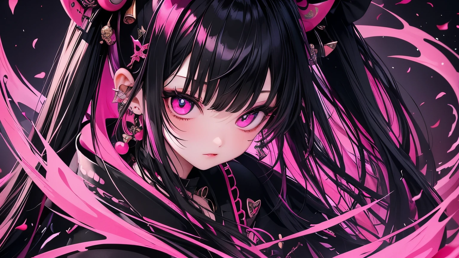 (masterpiece), Highest quality, Ultra-high resolution,Devil with a black ribbon、Pink Hair、Deep pink eyes、Black clothing、kimono、punk、Confident expression、Black boots、Oiran、Wind、gun、cyber-、Face close-up